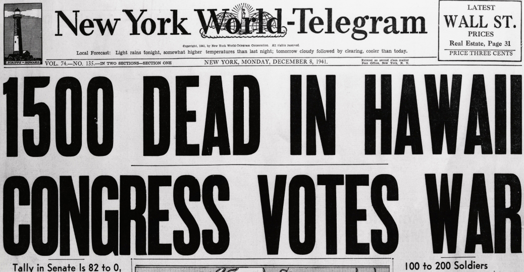 New York World-Telegram newspaper with headline "1500 dead in hawaii, congress votes war"
